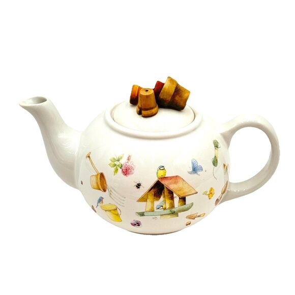 Marjolein Bastin Hallmark Teapot Birdhouse Birds Bees Butterfly w Flowerpot Lid - Picture 1 of 10